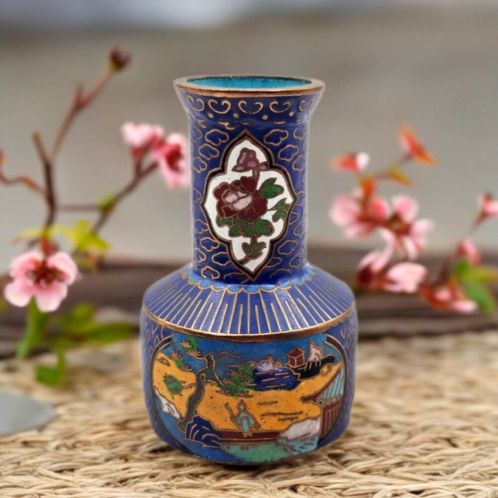 Cloisonne Vase Chinese Enamel Miniature Multi-Panel Scenic Floral Asian Decor